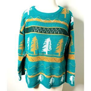 Green Pine Tree Holiday Sweater Winter Knit Pullover Casual Festive Jumper Sz L